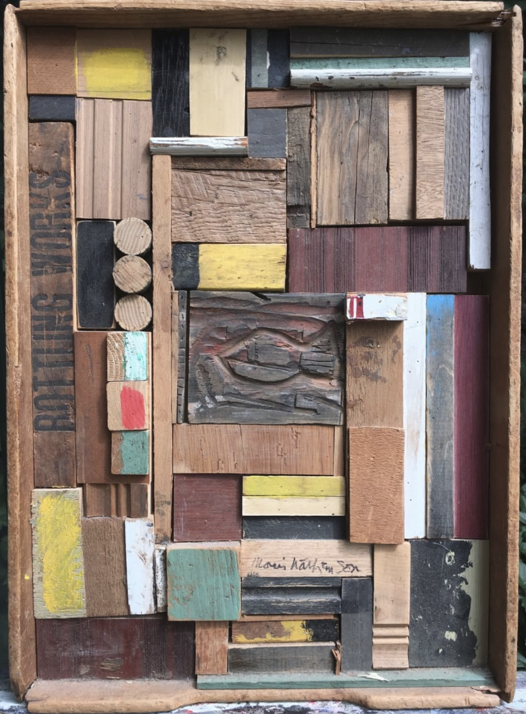 Bottling Works — a salvaged-wood assemblage by Morris Nathanson incorporating a stenciled ‘Bottling Works’ crate panel