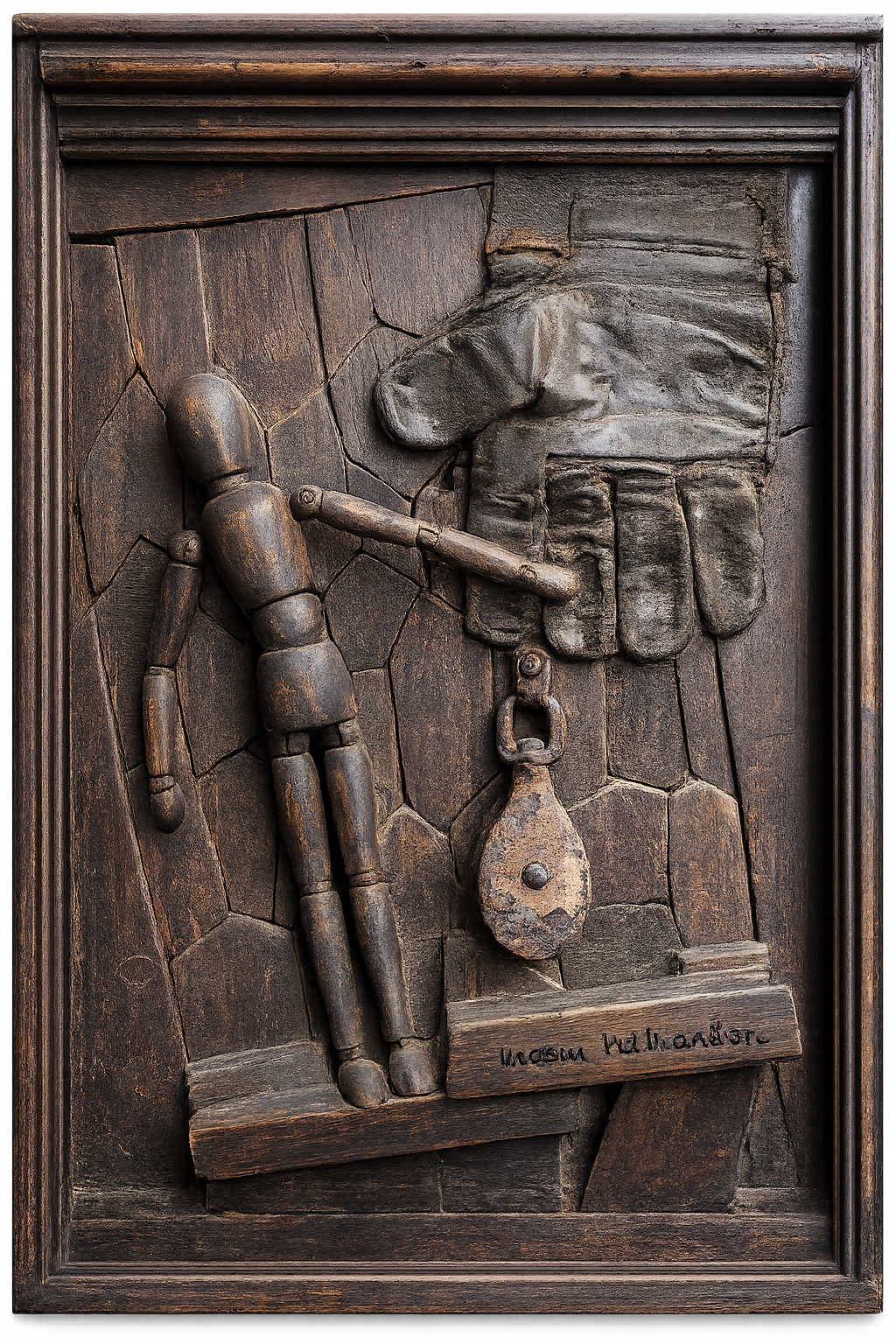Golem — a dark carved-wood assemblage by Morris Nathanson with an articulated figure, work glove and iron pulley