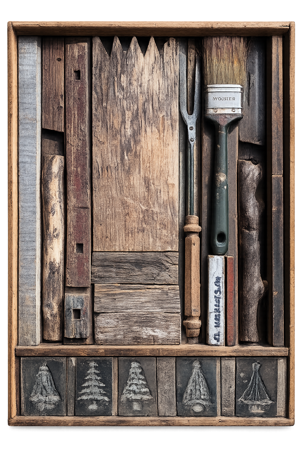 A weathered salvaged-wood assemblage by Morris Nathanson with a paintbrush, iron fork and a row of pressed Christmas-tree molds