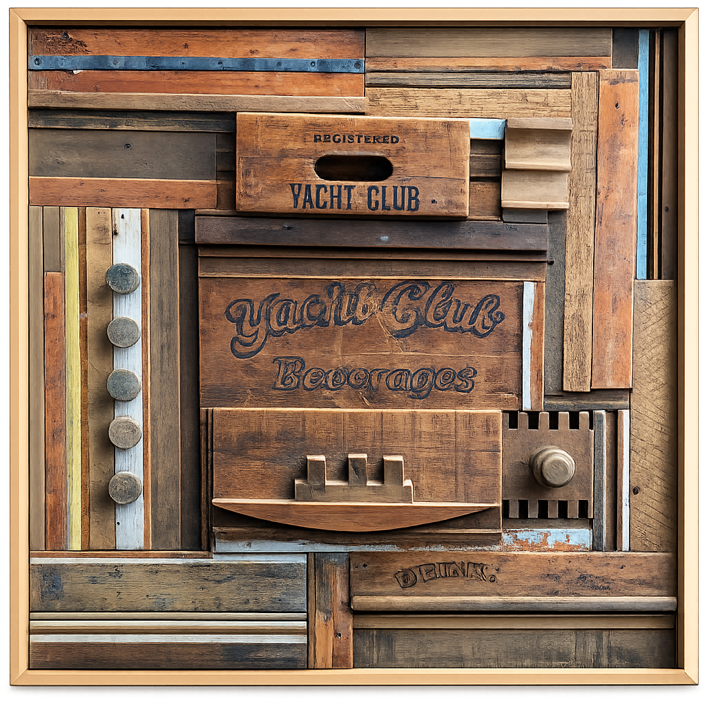 Yacht Club — a wood assemblage by Morris Nathanson built from salvaged crate wood, including a stenciled ‘Yacht Club Beverages’ panel and a carved boat