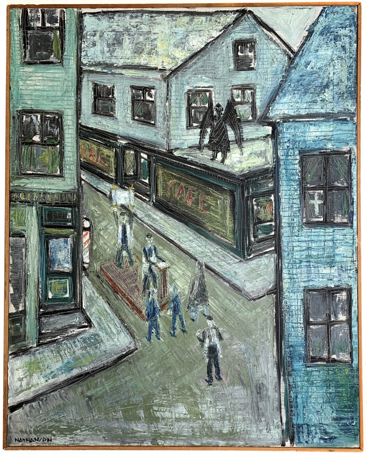 Bar Café by Morris Nathanson — a thickly painted blue-green street scene of a corner café and bar in a mill town, figures gathered below