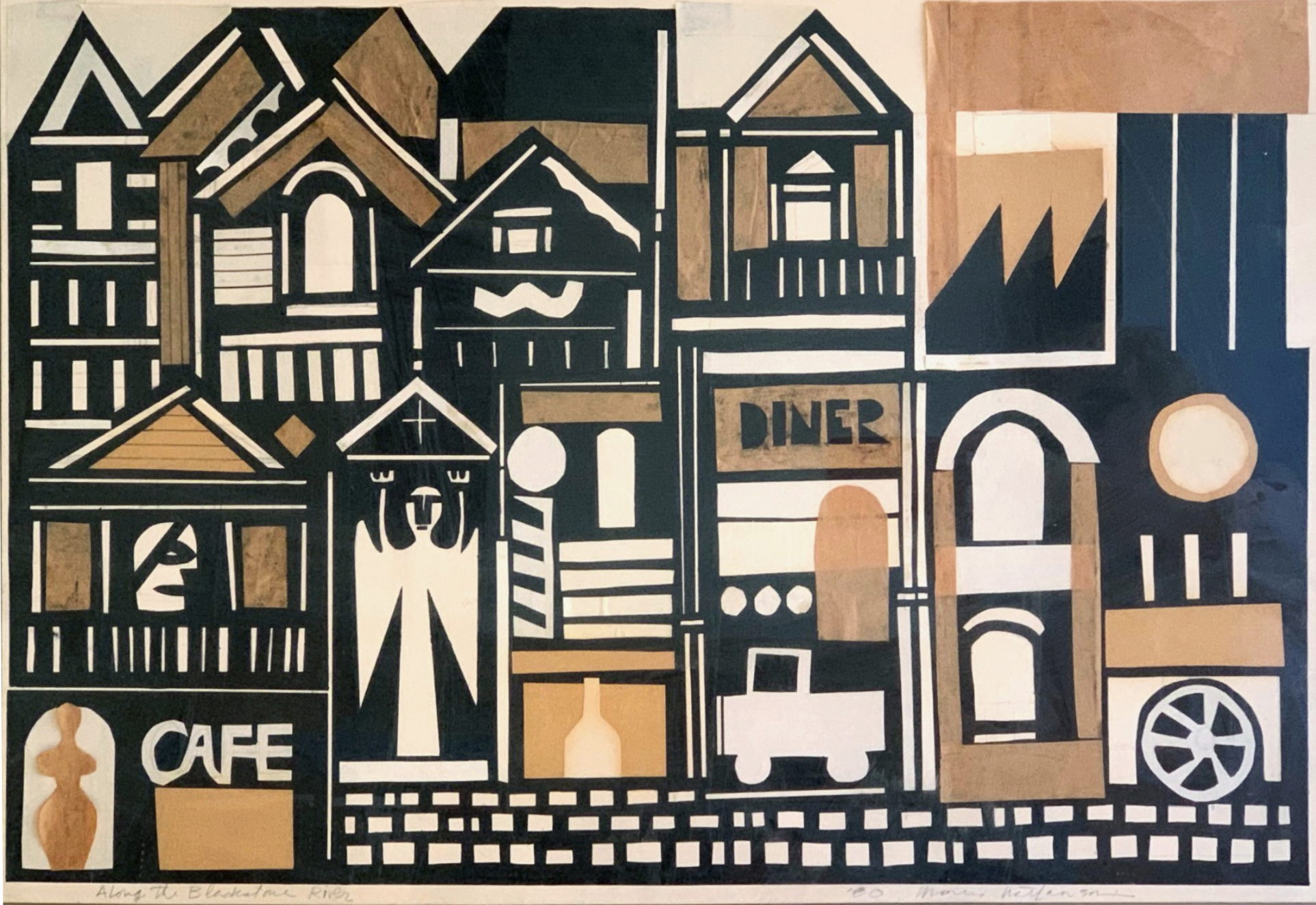 Along the Blackstone River (1980) by Morris Nathanson — a black, white and kraft-paper collage of mill-town houses, a café, a diner and a factory