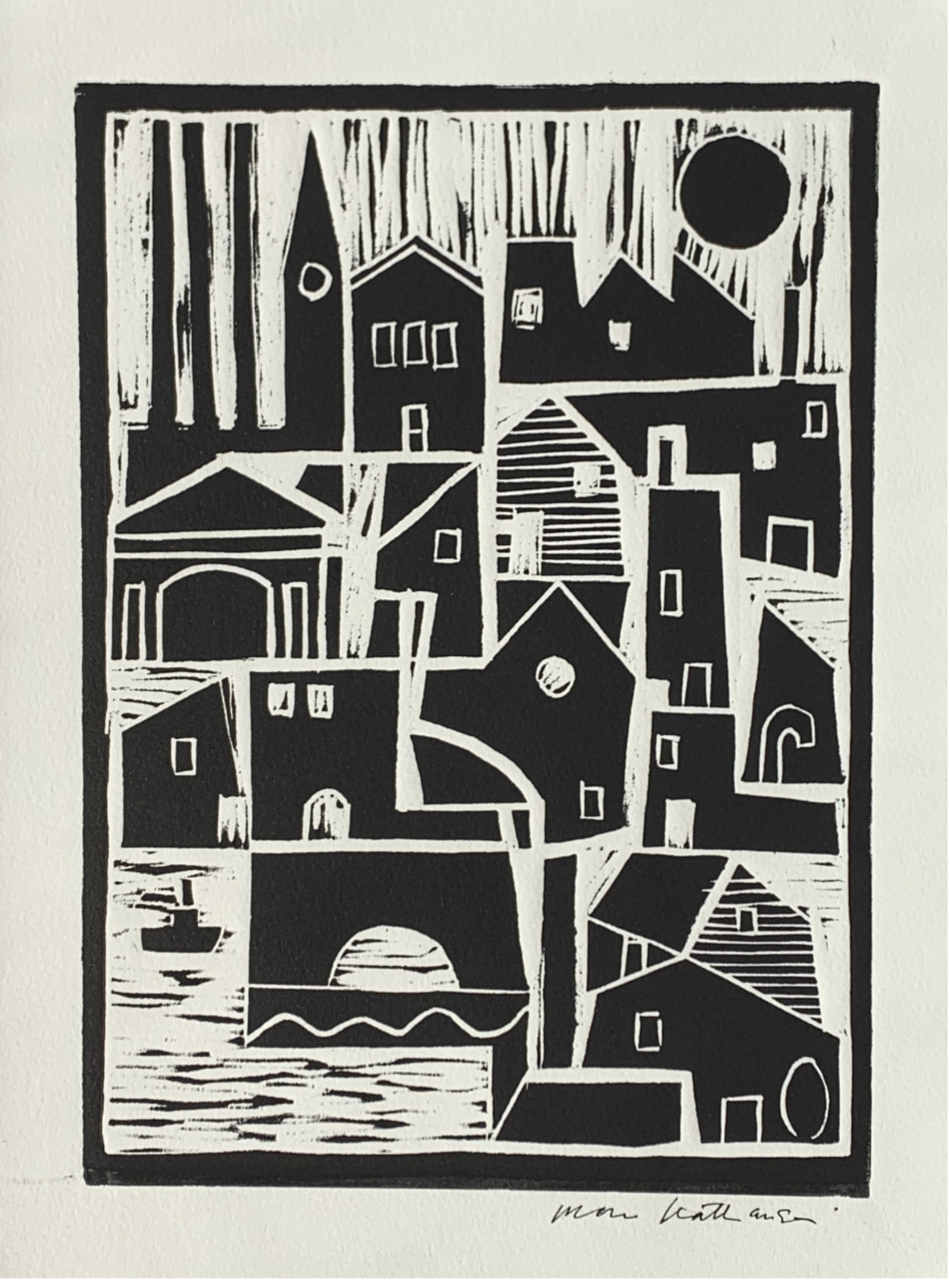 A black-and-white linocut by Morris Nathanson of a crowded harbor town, houses stacked around a setting sun and a small boat