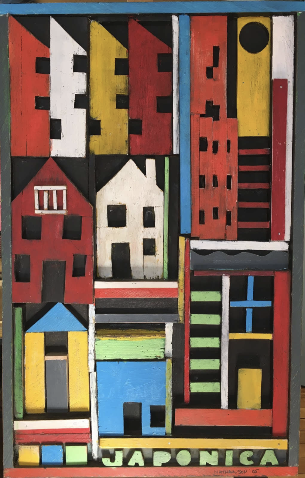 Japonica (2005) by Morris Nathanson — a brightly colored cityscape assemblage of salvaged painted wood