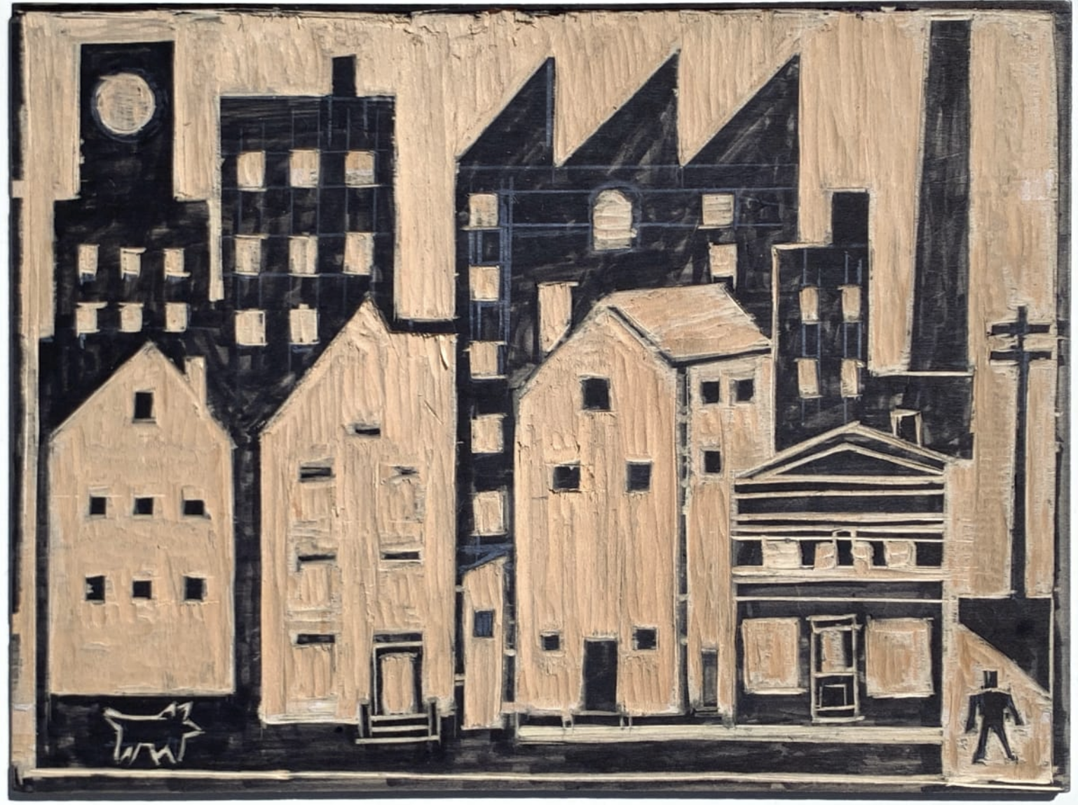 A tan-and-black mill-district cityscape by Morris Nathanson — saw-tooth factory roofs, a smokestack, tenement houses and a lone figure
