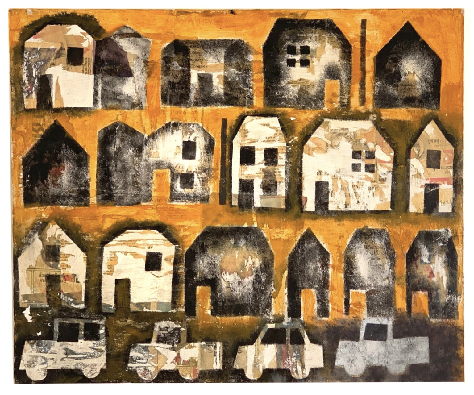 A newspaper-and-paint collage by Morris Nathanson on an ochre ground — three rows of simple houses above a line of cars