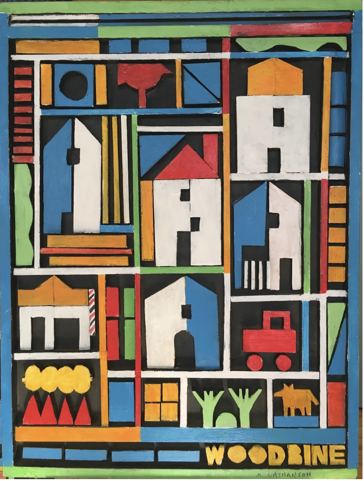 Woodbine by Morris Nathanson — a colorful painted-wood cityscape assemblage of houses, a bird, a truck and a dog