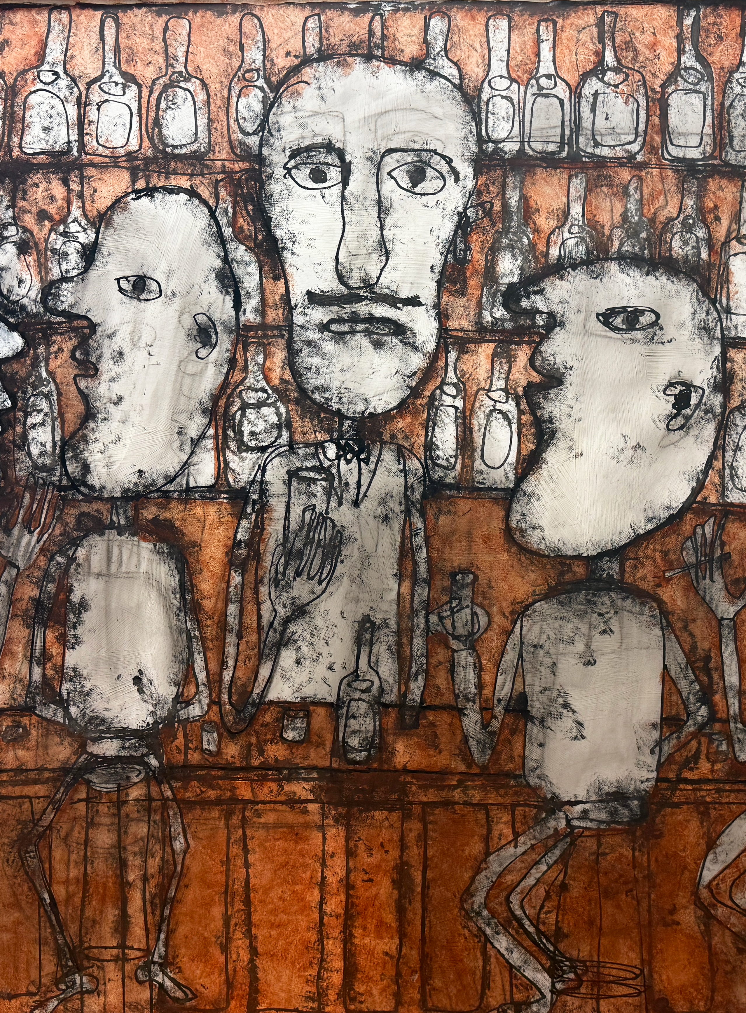 A bar scene by Morris Nathanson — ghostly white figures gathered at a counter against a wall of bottles, painted in ink and white over a warm sepia ground